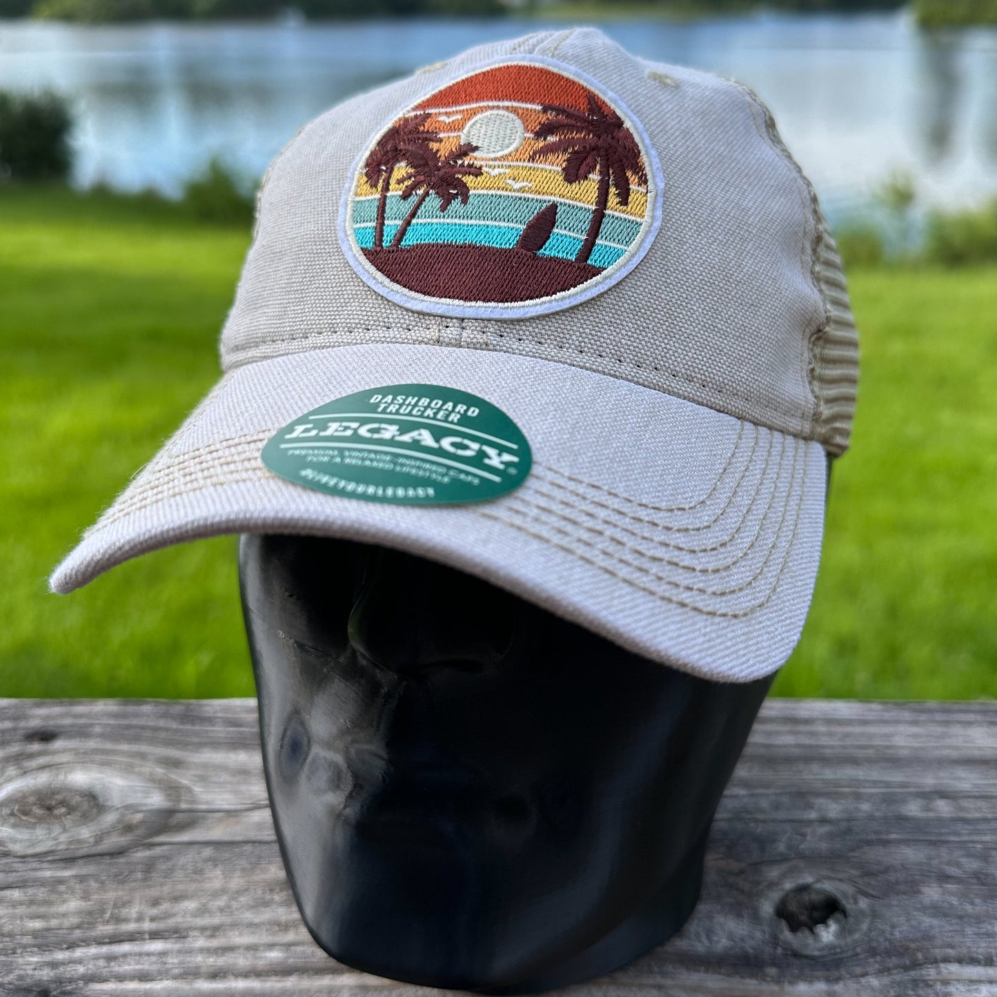 Beach Sunset Patch Legacy Dashboard Trucker Hat | Tan Khaki Embroidered Palm Tree Cap