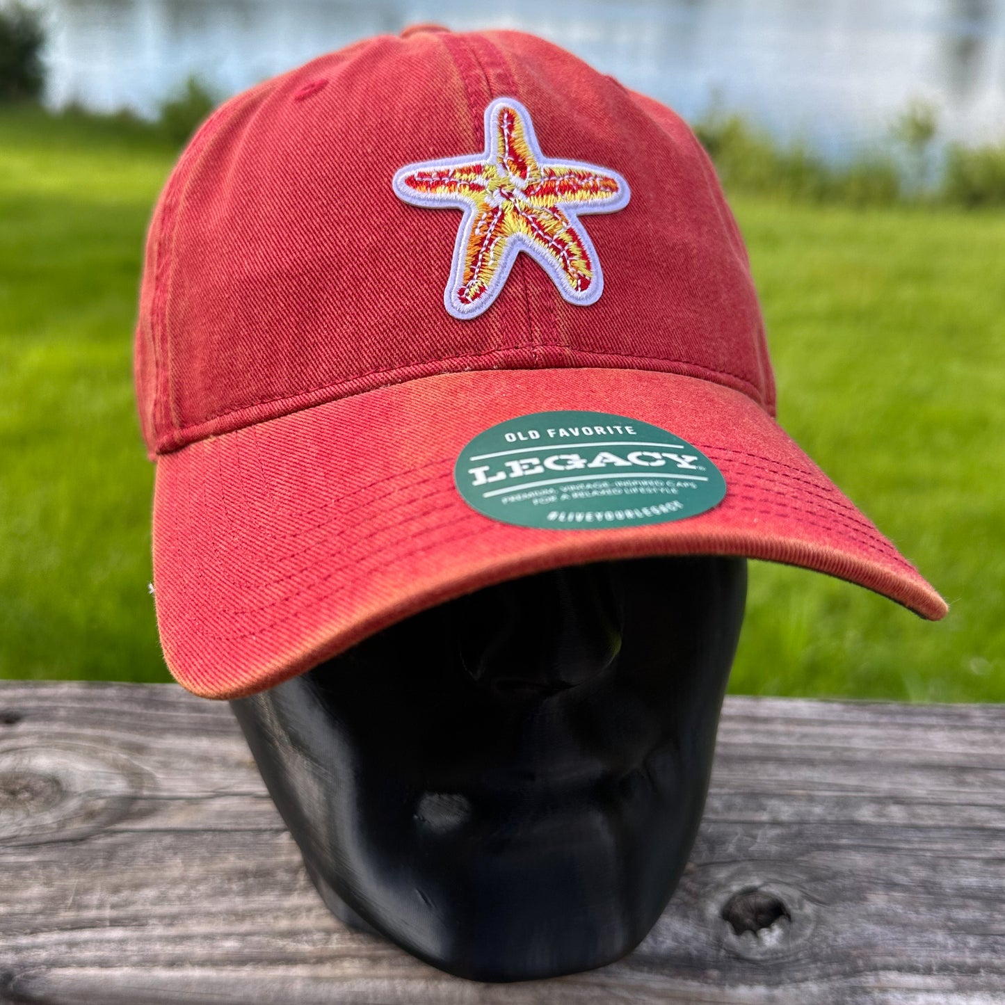 Embroidered Starfish Patch Legacy Old Favorite Hat | Red Washed Baseball Cap