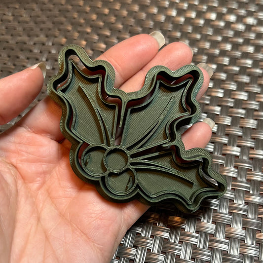 Holly with Berries - Custom 3D Printed Cookie Cutter + Stamp Combo