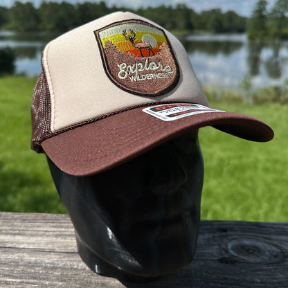 Explore the Wilderness | Tan & Brown Foam Front Rope Trucker Hat