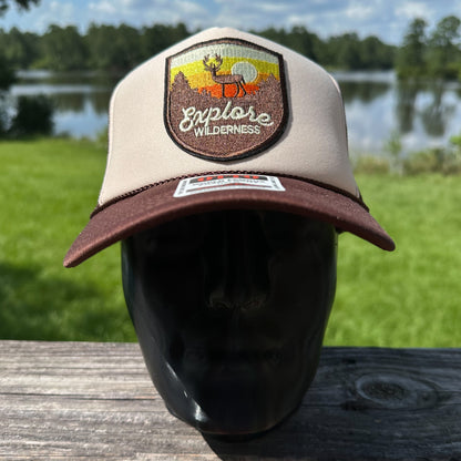 Explore the Wilderness | Tan & Brown Foam Front Rope Trucker Hat
