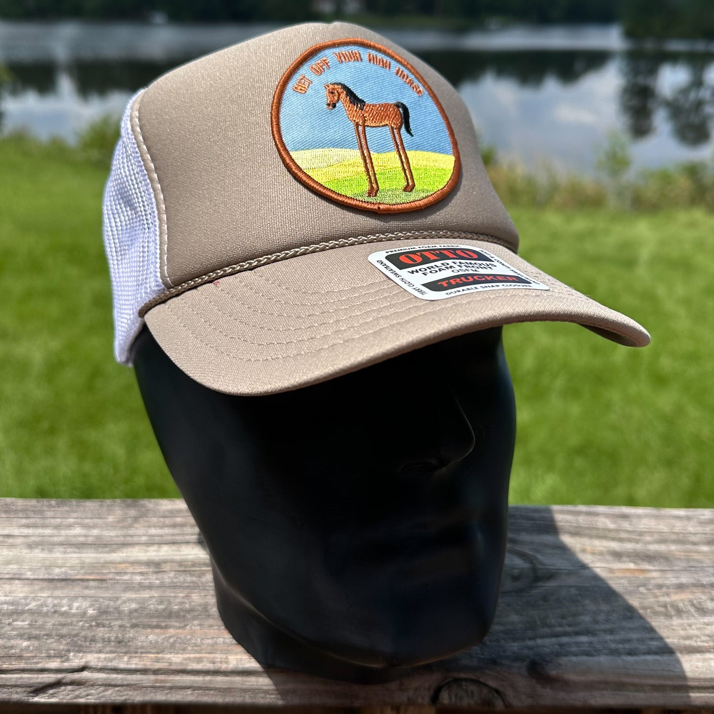 Get Off Your High Horse | Khaki & White Otto Foam Front Rope Trucker Hat