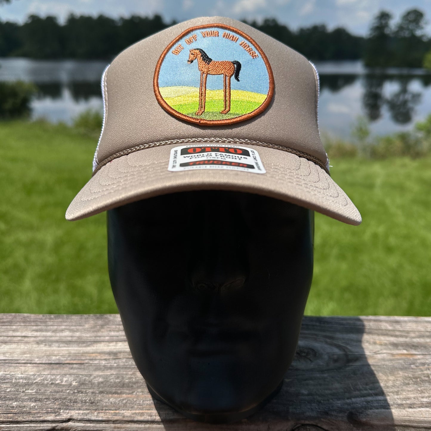 Get Off Your High Horse | Khaki & White Otto Foam Front Rope Trucker Hat