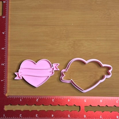 Heart with Banner - Custom 3D Printed Cookie Cutter + Stamp Combo