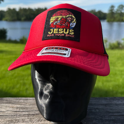 Jesus Has Your Back | Red & Black Otto Foam Front Rope Trucker Hat