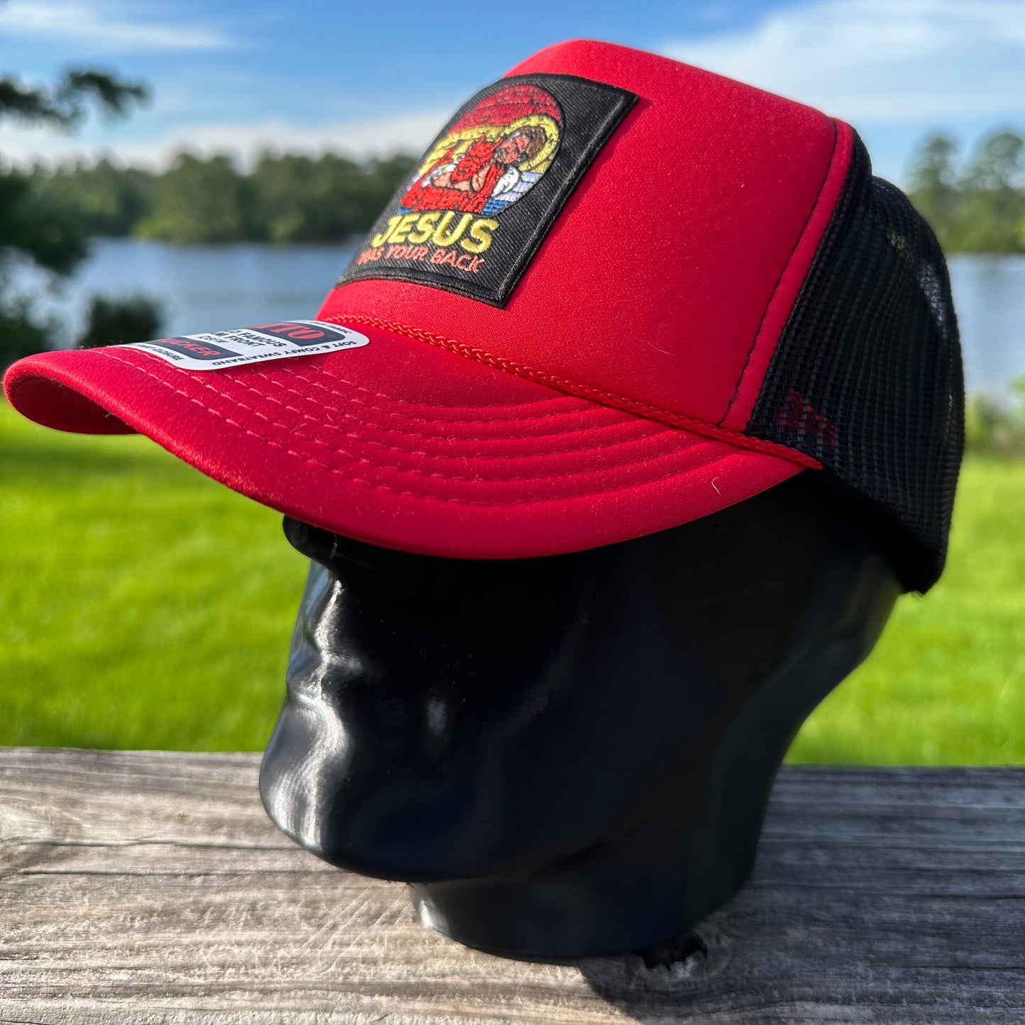 Jesus Has Your Back | Red & Black Otto Foam Front Rope Trucker Hat