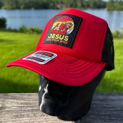 Jesus Has Your Back | Red & Black Otto Foam Front Rope Trucker Hat
