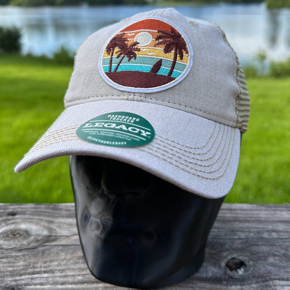 Beach Sunset Patch Legacy Dashboard Trucker Hat | Tan Khaki Embroidered Palm Tree Cap