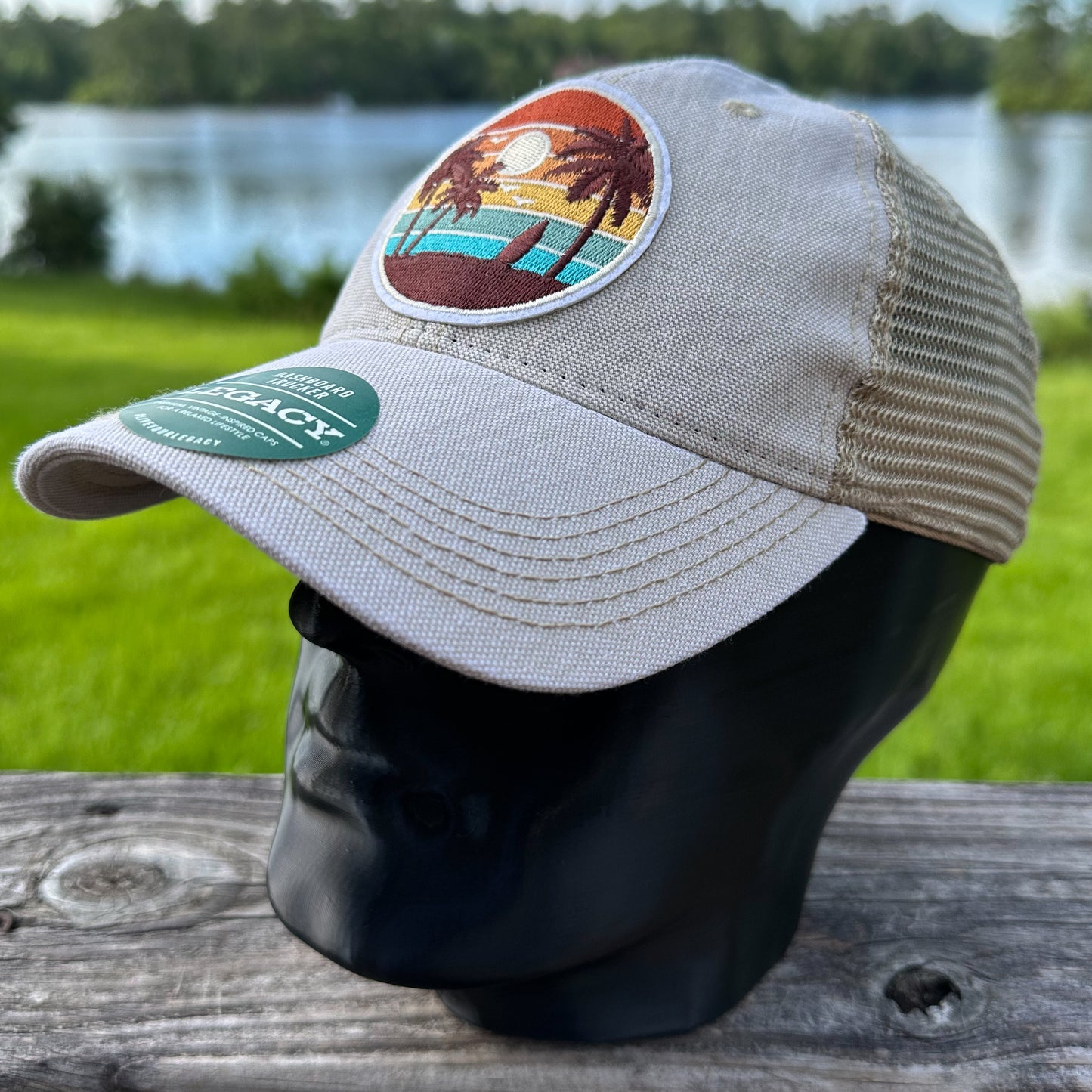 Beach Sunset Patch Legacy Dashboard Trucker Hat | Tan Khaki Embroidered Palm Tree Cap