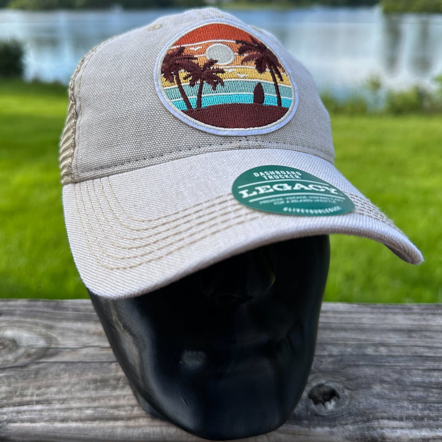 Beach Sunset Patch Legacy Dashboard Trucker Hat | Tan Khaki Embroidered Palm Tree Cap