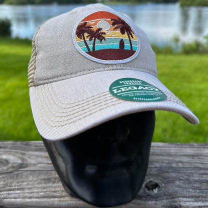 Beach Sunset Patch Legacy Dashboard Trucker Hat | Tan Khaki Embroidered Palm Tree Cap