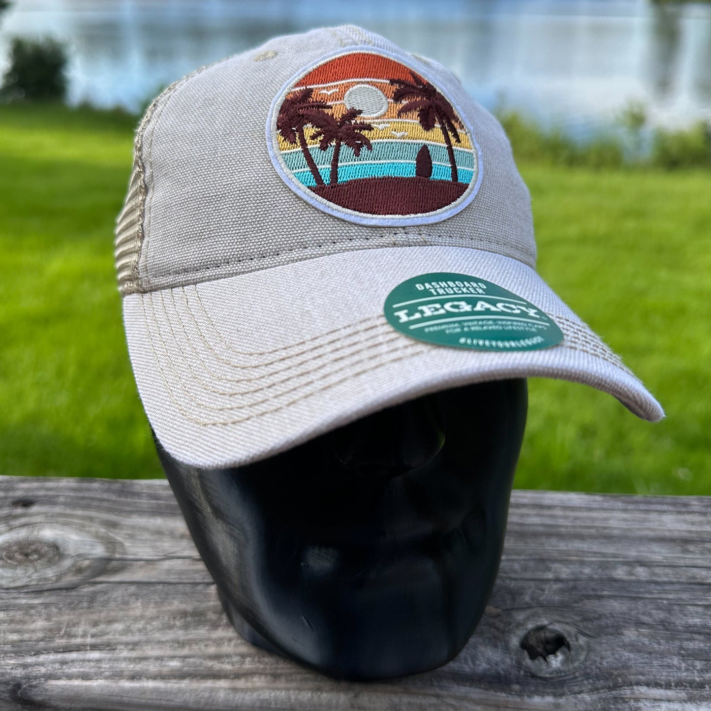 Beach Sunset Patch Legacy Dashboard Trucker Hat | Tan Khaki Embroidered Palm Tree Cap