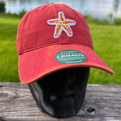 Embroidered Starfish Patch Legacy Old Favorite Hat | Red Washed Baseball Cap