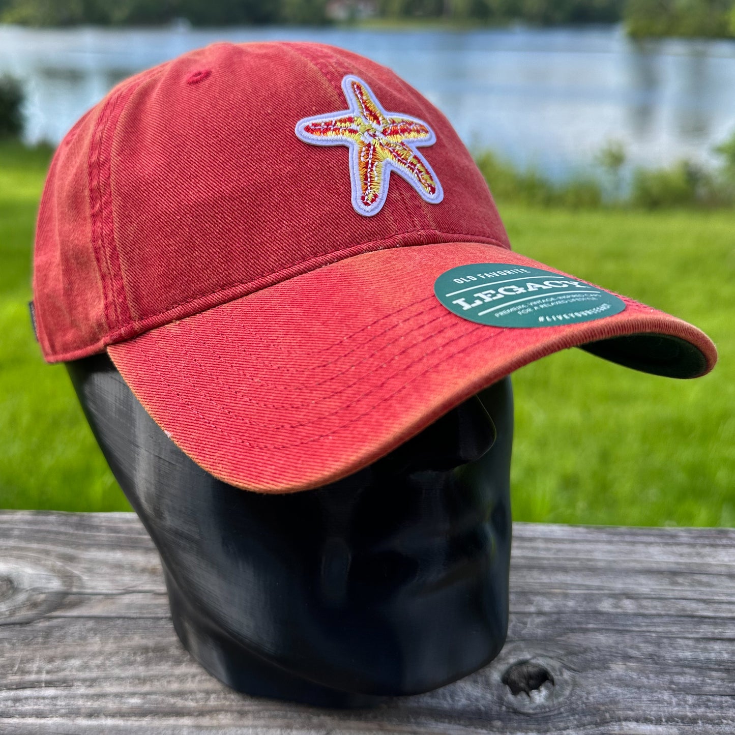 Embroidered Starfish Patch Legacy Old Favorite Hat | Red Washed Baseball Cap