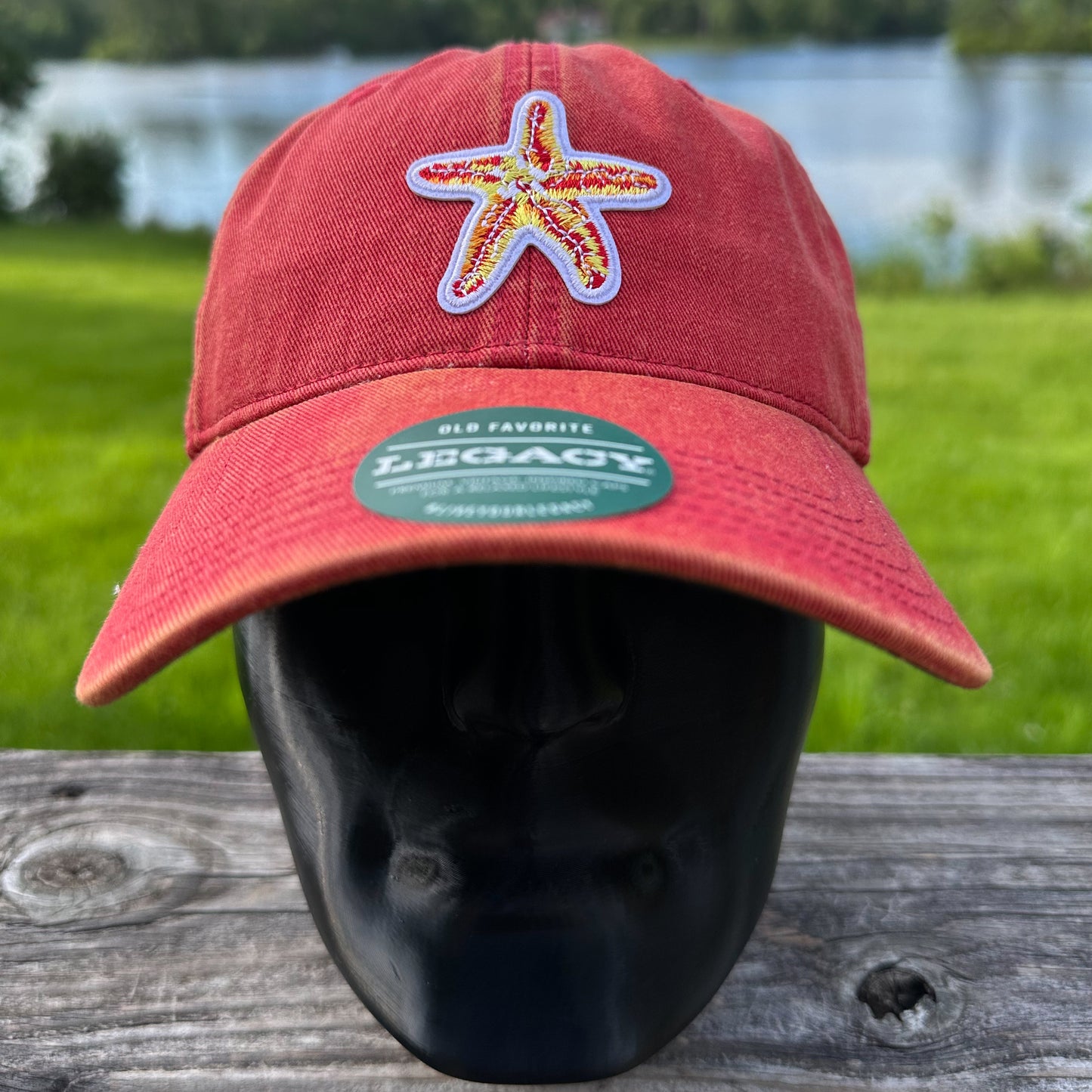 Embroidered Starfish Patch Legacy Old Favorite Hat | Red Washed Baseball Cap