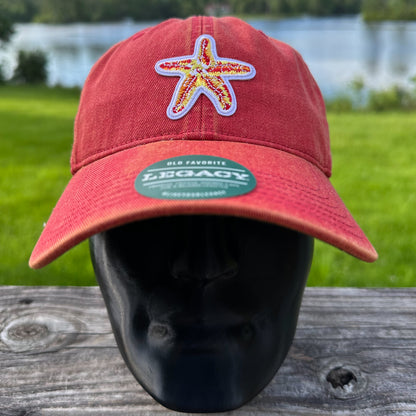 Embroidered Starfish Patch Legacy Old Favorite Hat | Red Washed Baseball Cap