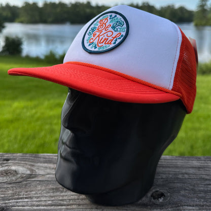 Be Kind Patch Trucker Hat | Orange & White Foam Front Rope Snapback